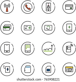 line vector icon set - antenna vector, phone, christmas mobile, credit card, tap pay, exchange, payment, growth, server wireless, power bank, micro flash, sim, generator
