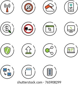line vector icon set - antenna vector, no computer sign, clouds, mobile heart monitor, money click, trailer road, cursor browser, shield, uplooad, share, statistics, data exchange, micro flash card