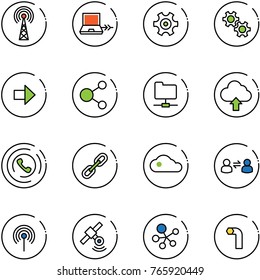 line vector icon set - antenna vector, netabook connect, gear, right arrow, share, network folder, upload cloud, phone horn, link, information exchange, satellite, molecule, allen key