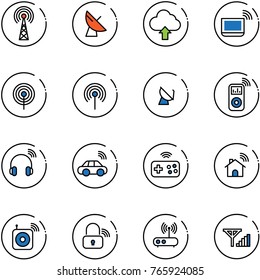 line vector icon set - antenna vector, satellite, upload cloud, notebook wi fi, music player, wireless headphones, car, joystick, home, speaker, lock, router, fine signal