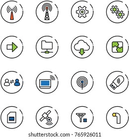 line vector icon set - antenna vector, gear, right arrow, network folder, download cloud, puzzle, information exchange, notebook wi fi, usb, sim, satellite, no signal, allen key