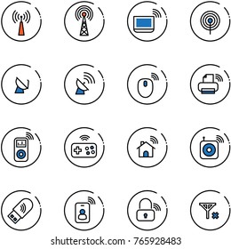 line vector icon set - antenna vector, notebook wi fi, satellite, mouse wireless, printer, music player, joystick, home, speaker, usb, identity card, lock, no signal