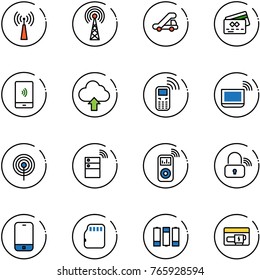 line vector icon set - antenna vector, trap truck, credit card, mobile payment, upload cloud, phone, notebook wi fi, server wireless, music player, lock, micro flash, battery, generator