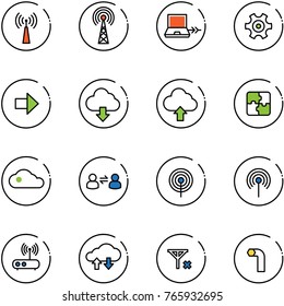 line vector icon set - antenna vector, netabook connect, gear, right arrow, download cloud, upload, puzzle, information exchange, wi fi router, data, no signal, allen key