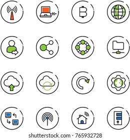 line vector icon set - antenna vector, netabook connect, bitcoin, globe, user login, share, friends, network folder, upload cloud, refresh, redo, gear, data exchange, wireless home, server