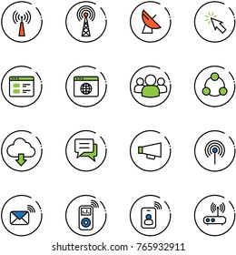 line vector icon set - antenna vector, satellite, cursor, website, browser globe, group, social, download cloud, chat, loudspeaker, wireless mail, music player, identity card, wi fi router