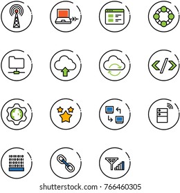 line vector icon set - antenna vector, netabook connect, website, friends, network folder, upload cloud, refresh, tag code, gear globe, stars, data exchange, server wireless, binary, link