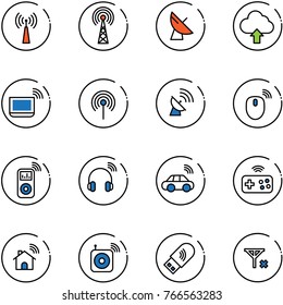 line vector icon set - antenna vector, satellite, upload cloud, notebook wi fi, mouse wireless, music player, headphones, car, joystick, home, speaker, usb, no signal