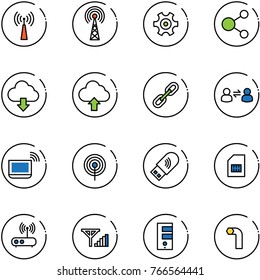 line vector icon set - antenna vector, gear, share, download cloud, upload, link, information exchange, notebook wi fi, usb, sim, router, fine signal, server, allen key