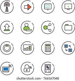 line vector icon set - antenna vector, right arrow, diagnostic monitor, cursor, uplooad, user password, share, folder, standby, statistics, calculator, data exchange, notebook wi fi, wireless lock
