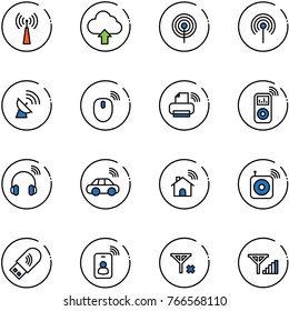 line vector icon set - antenna vector, upload cloud, satellite, mouse wireless, printer, music player, headphones, car, home, speaker, usb wi fi, identity card, no signal, fine