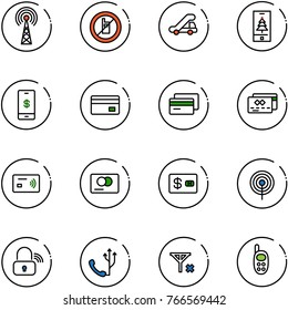 line vector icon set - antenna vector, no mobile sign, trap truck, christmas, payment, credit card, tap pay, wireless lock, phone, signal, toy