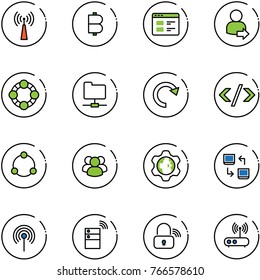 line vector icon set - antenna vector, bitcoin, website, user login, friends, network folder, redo, tag code, community, group, gear globe, data exchange, server wireless, lock, wi fi router