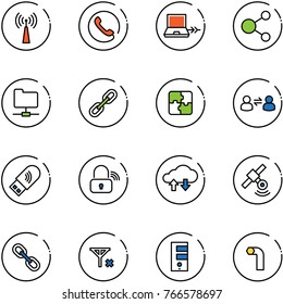 line vector icon set - antenna vector, phone, netabook connect, share, network folder, link, puzzle, information exchange, usb wi fi, wireless lock, cloud data, satellite, no signal, server