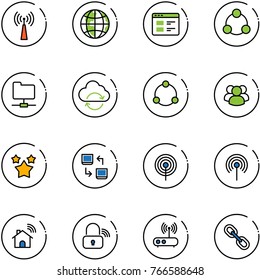 line vector icon set - antenna vector, globe, website, social, network folder, refresh cloud, community, group, stars, data exchange, wireless home, lock, wi fi router, link