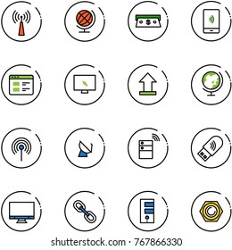 line vector icon set - antenna vector, globe, cash, mobile payment, website, monitor cursor, uplooad, satellite, server wireless, usb wi fi, link, nut