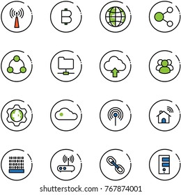 line vector icon set - antenna vector, bitcoin, globe, share, social, network folder, upload cloud, group, gear, wireless home, binary code, wi fi router, link, server