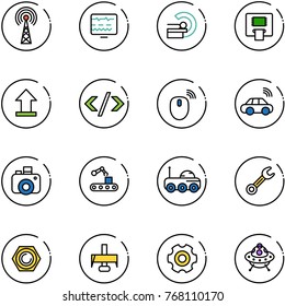 line vector icon set - antenna vector, diagnostic monitor, mri, atm, uplooad, tag code, mouse wireless, car, camera, conveyor, moon rover, wrench, nut, milling cutter, gear, ufo toy