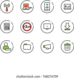 line vector icon set - antenna vector, netabook connect, mobile heart monitor, account statistics, calculator, limited width road sign, cursor, download, user password, folder, loudspeaker