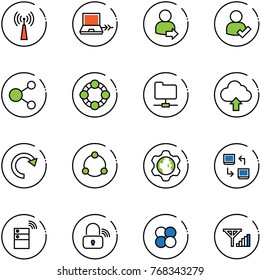 line vector icon set - antenna vector, netabook connect, user login, check, share, friends, network folder, upload cloud, redo, community, gear globe, data exchange, server wireless, lock, atom core