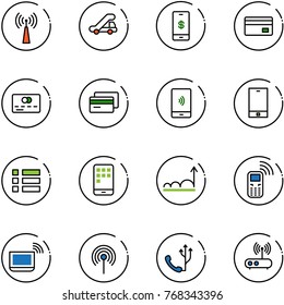 line vector icon set - antenna vector, trap truck, mobile payment, credit card, phone, menu, growth, notebook wi fi, router