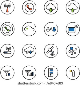 line vector icon set - antenna vector, phone, download cloud, upload, horn, information exchange, notebook wi fi, router, data, satellite, molecule, no signal, fine, server, allen key