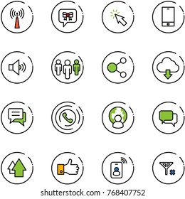 line vector icon set - antenna vector, bow message, cursor, phone, volume medium, group, share, download cloud, chat, horn, man globe, dialog, arrow up, finger, identity card, no signal