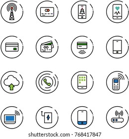 line vector icon set - antenna vector, credit card, christmas mobile, heart monitor, tap pay, phone, upload cloud, horn, notebook wi fi, power bank, router