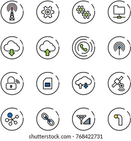 line vector icon set - antenna vector, gear, network folder, download cloud, upload, phone horn, wireless lock, sim, exchange data, satellite, molecule, link, fine signal, allen key