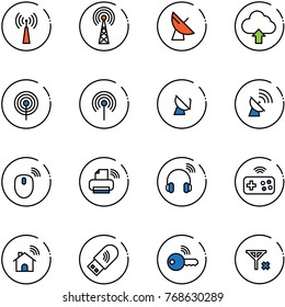 line vector icon set - antenna vector, satellite, upload cloud, mouse wireless, printer, headphones, joystick, home, usb wi fi, key, no signal
