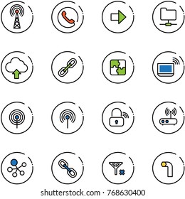 line vector icon set - antenna vector, phone, right arrow, network folder, upload cloud, link, puzzle, notebook wi fi, wireless lock, router, molecule, no signal, allen key