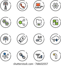 line vector icon set - antenna vector, phone, netabook connect, gear, share, network folder, puzzle, usb wi fi, router, cloud exchange data, molecule, link, fine signal, allen key