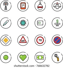 line vector icon set - antenna vector, parking sign, christmas ball, angel, thermometer, sun, safe, bank, main road, car crash, speed limit 70, no, record, heart, money, world