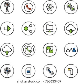 line vector icon set - antenna vector, phone, gear, right arrow, share, network folder, download cloud, upload, horn, puzzle, information exchange, sim, link, allen key