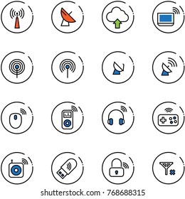 line vector icon set - antenna vector, satellite, upload cloud, notebook wi fi, mouse wireless, music player, headphones, joystick, speaker, usb, lock, no signal