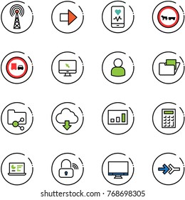 line vector icon set - antenna vector, right arrow, mobile heart monitor, no cart horse road sign, truck overtake, cursor, user, folder, shared, download cloud, statistics, calculator, wireless lock