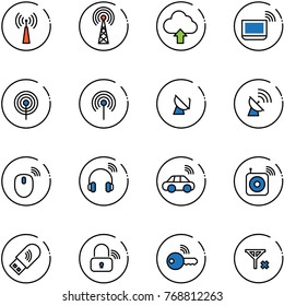 line vector icon set - antenna vector, upload cloud, notebook wi fi, satellite, mouse wireless, headphones, car, speaker, usb, lock, key, no signal