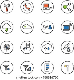 line vector icon set - antenna vector, phone, netabook connect, share, download cloud, information exchange, notebook wi fi, router, data, satellite, no signal, fine, server, allen key