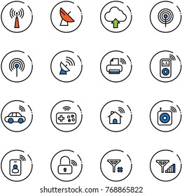 line vector icon set - antenna vector, satellite, upload cloud, printer wireless, music player, car, joystick, home, speaker, identity card, lock, no signal, fine