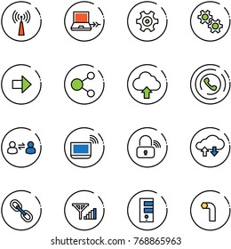 line vector icon set - antenna vector, netabook connect, gear, right arrow, share, upload cloud, phone horn, information exchange, notebook wi fi, wireless lock, data, link, fine signal, server