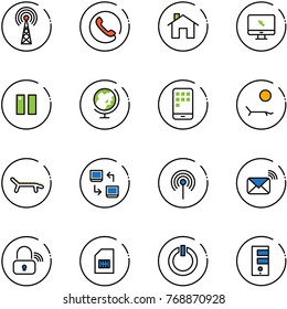 line vector icon set - antenna vector, phone, home, monitor cursor, pause, globe, mobile, lounger, data exchange, wireless mail, lock, sim, standby button, server
