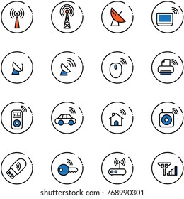 line vector icon set - antenna vector, satellite, notebook wi fi, mouse wireless, printer, music player, car, home, speaker, usb, key, router, fine signal