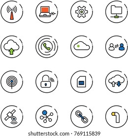 line vector icon set - antenna vector, netabook connect, gear, network folder, upload cloud, phone horn, information exchange, wireless lock, sim, data, satellite, molecule, link, allen key