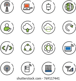 line vector icon set - antenna vector, netabook connect, bitcoin, globe, user check, upload cloud, refresh, redo, tag code, community, gear, notebook wi fi, server wireless, binary, fine signal