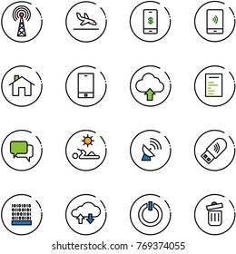 line vector icon set - antenna vector, arrival, mobile payment, home, phone, upload cloud, document, dialog, reading, satellite, usb wi fi, binary code, exchange data, standby button, trash bin