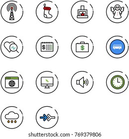 line vector icon set - antenna vector, christmas sock, fireplace, angel, heart diagnosis, finance calendar, money case, bus road sign, browser globe, monitor cursor, volume medium, time, rain cloud