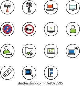 line vector icon set - antenna vector, netabook connect, diagnostic monitor, no parkin odd, trailer road sign, cursor, user, password, shared folder, statistics, notebook wi fi, usb, monoblock pc