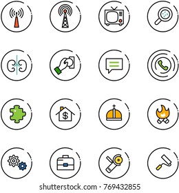 line vector icon set - antenna vector, tv, bacteria, kidneys, cash pay, chat, phone horn, puzzle, home dollar, crown, fire, gear, case, Angular grinder, paint roller