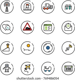 line vector icon set - antenna vector, officer window, fork loader, vial, heart diagnosis, climb road sign, website, opened mail, success, lounger, cd, nail dowel, robot, kite, baby car, toy piano