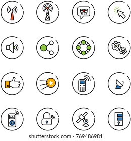 line vector icon set - antenna vector, bow message, cursor, volume medium, share, friends, gears, finger up, first satellite, mobile phone, music player, wireless lock, server
